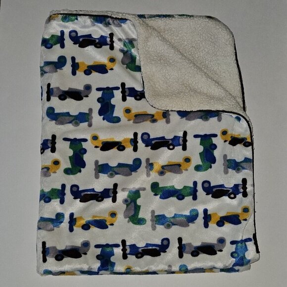 Airplane Fleece Baby Blanket 30x38 RN 119741 Blue Yellow Gray Green Black White - Picture 1 of 7
